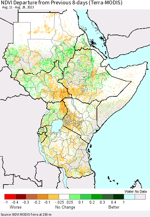 Eastern Africa NDVI Departure from Previous 8-days (Terra-MODIS) Thematic Map For 8/21/2023 - 8/28/2023