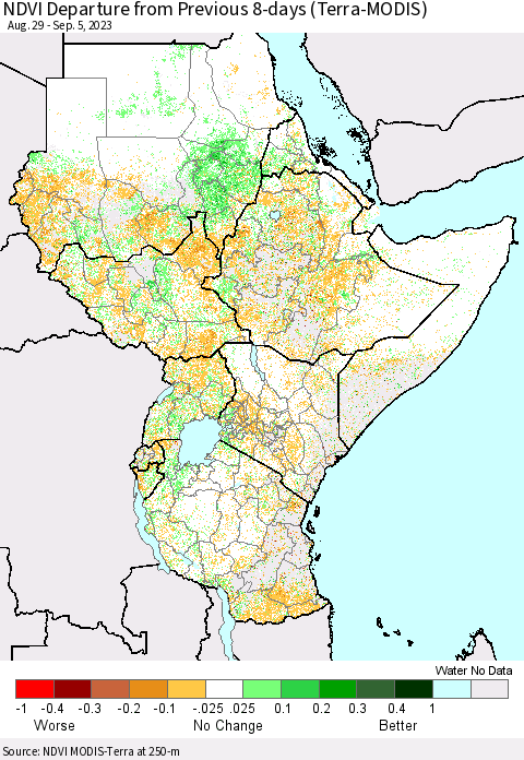 Eastern Africa NDVI Departure from Previous 8-days (Terra-MODIS) Thematic Map For 8/29/2023 - 9/5/2023
