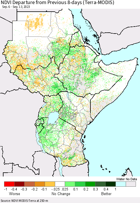 Eastern Africa NDVI Departure from Previous 8-days (Terra-MODIS) Thematic Map For 9/6/2023 - 9/13/2023