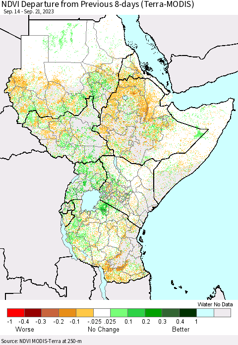 Eastern Africa NDVI Departure from Previous 8-days (Terra-MODIS) Thematic Map For 9/14/2023 - 9/21/2023