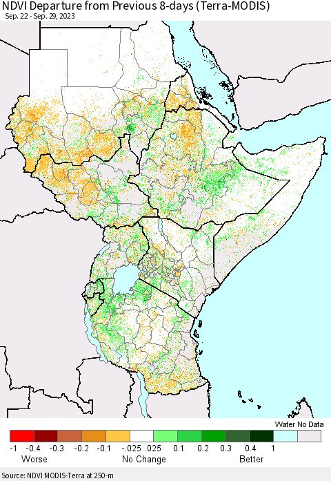 Eastern Africa NDVI Departure from Previous 8-days (Terra-MODIS) Thematic Map For 9/22/2023 - 9/29/2023