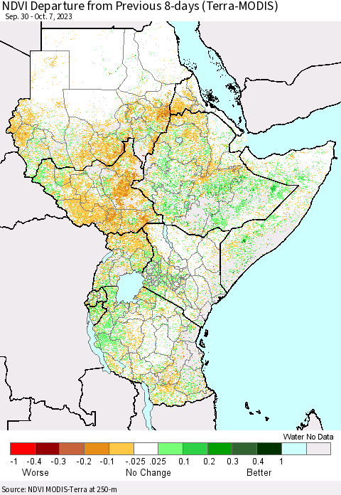 Eastern Africa NDVI Departure from Previous 8-days (Terra-MODIS) Thematic Map For 9/30/2023 - 10/7/2023