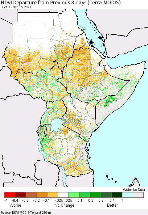 Eastern Africa NDVI Departure from Previous 8-days (Terra-MODIS) Thematic Map For 10/8/2023 - 10/15/2023