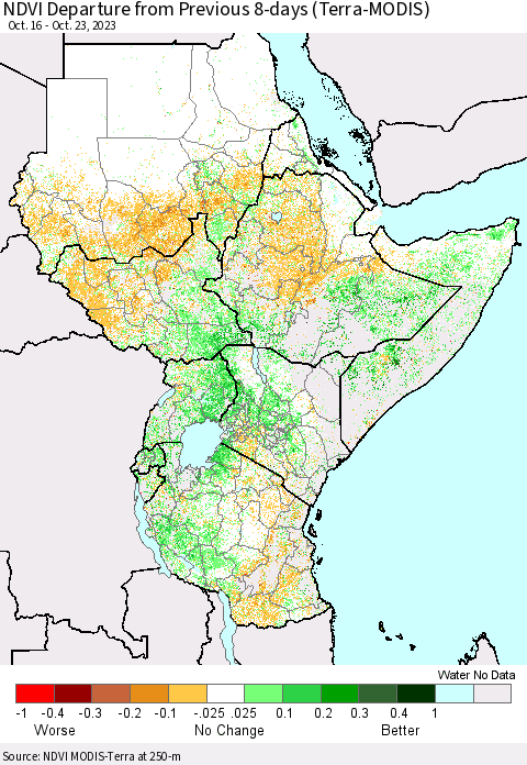 Eastern Africa NDVI Departure from Previous 8-days (Terra-MODIS) Thematic Map For 10/16/2023 - 10/23/2023