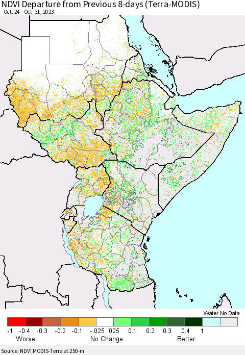 Eastern Africa NDVI Departure from Previous 8-days (Terra-MODIS) Thematic Map For 10/24/2023 - 10/31/2023