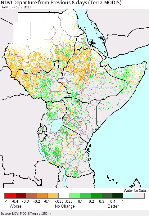 Eastern Africa NDVI Departure from Previous 8-days (Terra-MODIS) Thematic Map For 11/1/2023 - 11/8/2023