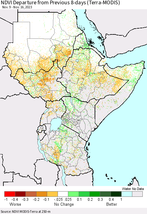 Eastern Africa NDVI Departure from Previous 8-days (Terra-MODIS) Thematic Map For 11/9/2023 - 11/16/2023