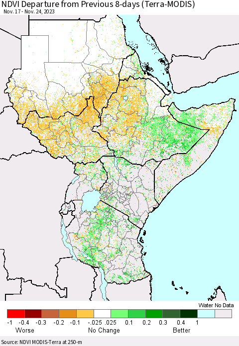 Eastern Africa NDVI Departure from Previous 8-days (Terra-MODIS) Thematic Map For 11/17/2023 - 11/24/2023