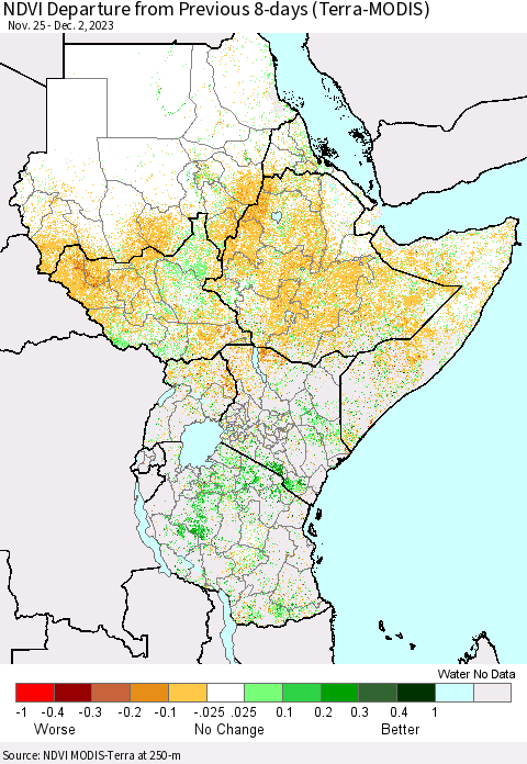 Eastern Africa NDVI Departure from Previous 8-days (Terra-MODIS) Thematic Map For 11/25/2023 - 12/2/2023