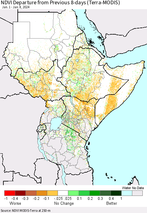 Eastern Africa NDVI Departure from Previous 8-days (Terra-MODIS) Thematic Map For 1/1/2024 - 1/8/2024