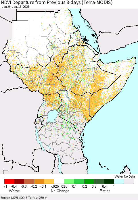 Eastern Africa NDVI Departure from Previous 8-days (Terra-MODIS) Thematic Map For 1/9/2024 - 1/16/2024