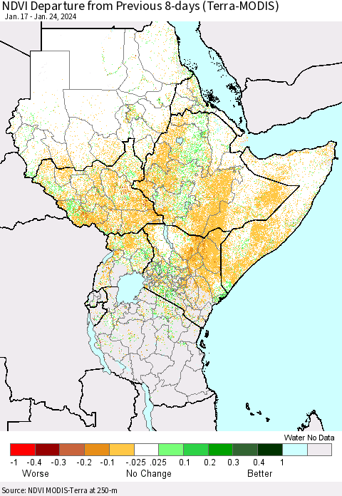 Eastern Africa NDVI Departure from Previous 8-days (Terra-MODIS) Thematic Map For 1/17/2024 - 1/24/2024