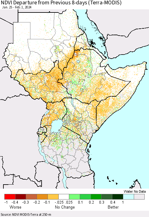Eastern Africa NDVI Departure from Previous 8-days (Terra-MODIS) Thematic Map For 1/25/2024 - 2/1/2024