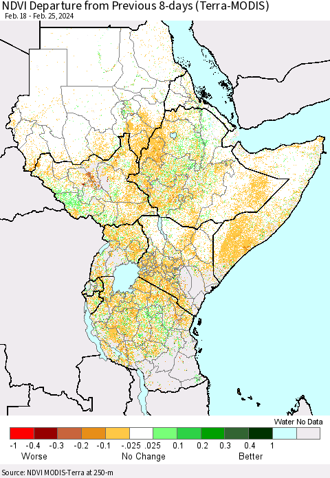 Eastern Africa NDVI Departure from Previous 8-days (Terra-MODIS) Thematic Map For 2/18/2024 - 2/25/2024