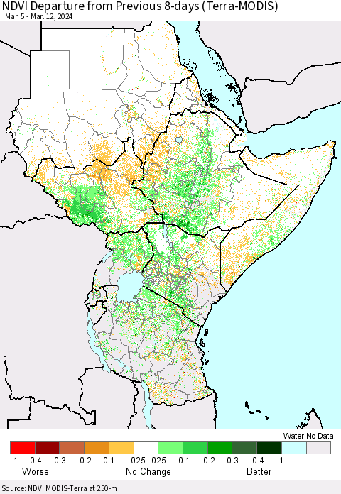 Eastern Africa NDVI Departure from Previous 8-days (Terra-MODIS) Thematic Map For 3/5/2024 - 3/12/2024