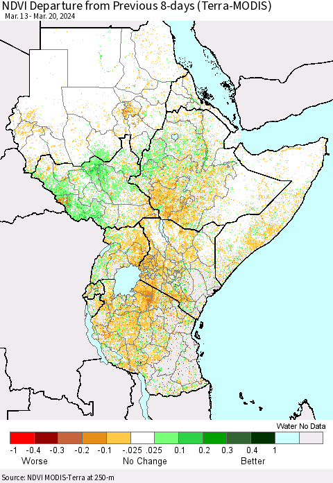Eastern Africa NDVI Departure from Previous 8-days (Terra-MODIS) Thematic Map For 3/13/2024 - 3/20/2024
