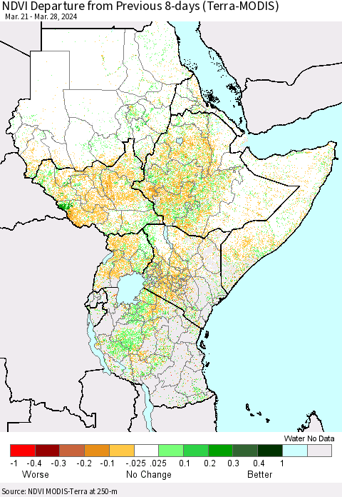 Eastern Africa NDVI Departure from Previous 8-days (Terra-MODIS) Thematic Map For 3/21/2024 - 3/28/2024