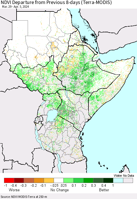 Eastern Africa NDVI Departure from Previous 8-days (Terra-MODIS) Thematic Map For 3/29/2024 - 4/5/2024