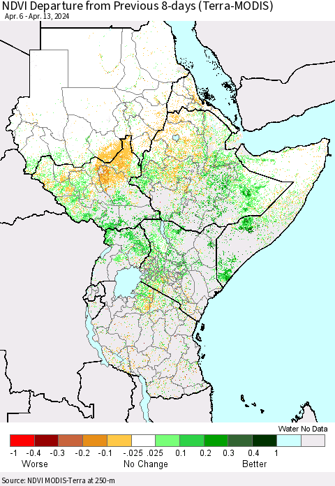 Eastern Africa NDVI Departure from Previous 8-days (Terra-MODIS) Thematic Map For 4/6/2024 - 4/13/2024