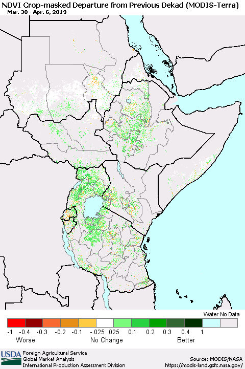 Eastern Africa Cropland NDVI Departure from Previous Dekad (Terra-MODIS) Thematic Map For 4/1/2019 - 4/10/2019