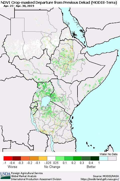 Eastern Africa Cropland NDVI Departure from Previous Dekad (Terra-MODIS) Thematic Map For 4/21/2019 - 4/30/2019