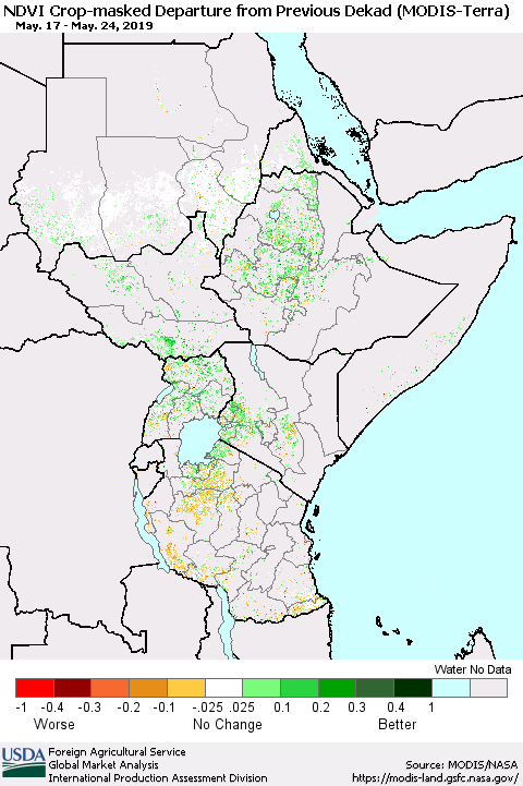 Eastern Africa Cropland NDVI Departure from Previous Dekad (Terra-MODIS) Thematic Map For 5/21/2019 - 5/31/2019