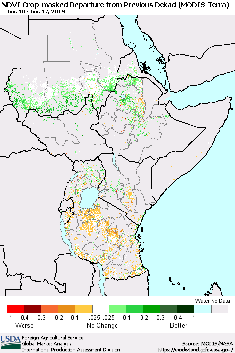 Eastern Africa Cropland NDVI Departure from Previous Dekad (Terra-MODIS) Thematic Map For 6/11/2019 - 6/20/2019