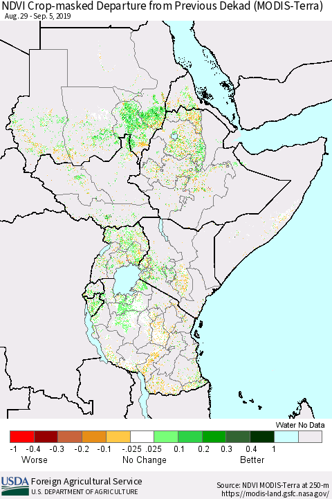 Eastern Africa Cropland NDVI Departure from Previous Dekad (Terra-MODIS) Thematic Map For 9/1/2019 - 9/10/2019