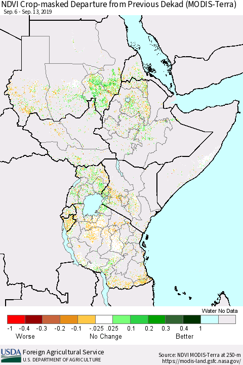 Eastern Africa Cropland NDVI Departure from Previous Dekad (Terra-MODIS) Thematic Map For 9/11/2019 - 9/20/2019