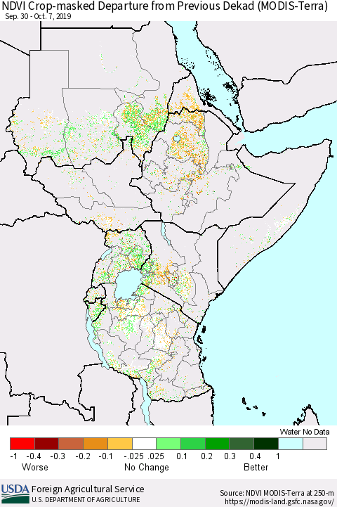 Eastern Africa Cropland NDVI Departure from Previous Dekad (Terra-MODIS) Thematic Map For 10/1/2019 - 10/10/2019