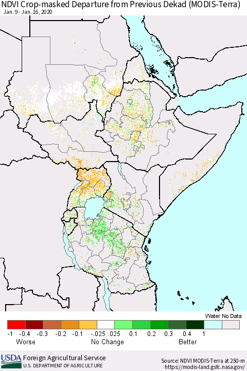 Eastern Africa Cropland NDVI Departure from Previous Dekad (Terra-MODIS) Thematic Map For 1/11/2020 - 1/20/2020
