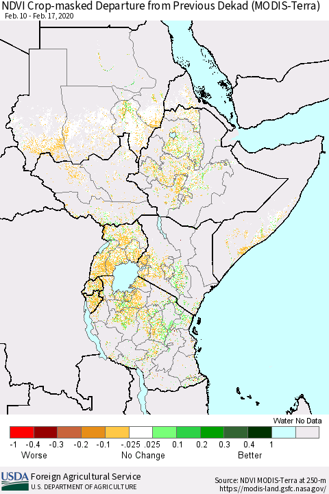Eastern Africa Cropland NDVI Departure from Previous Dekad (Terra-MODIS) Thematic Map For 2/11/2020 - 2/20/2020