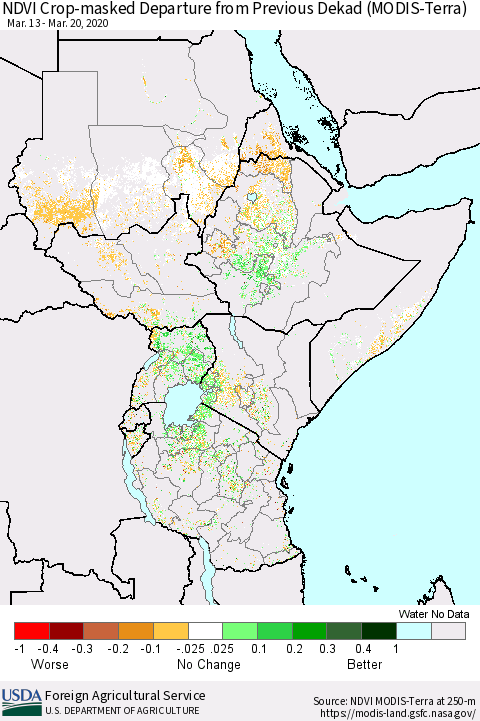 Eastern Africa Cropland NDVI Departure from Previous Dekad (Terra-MODIS) Thematic Map For 3/11/2020 - 3/20/2020