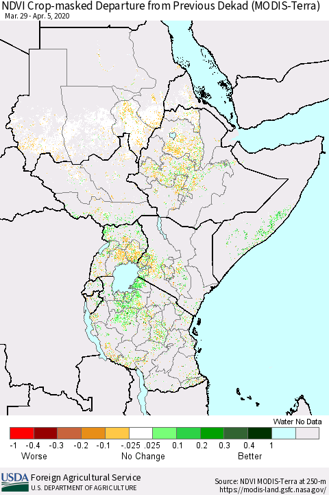 Eastern Africa Cropland NDVI Departure from Previous Dekad (Terra-MODIS) Thematic Map For 4/1/2020 - 4/10/2020