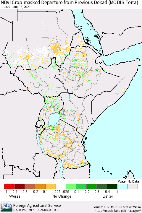 Eastern Africa Cropland NDVI Departure from Previous Dekad (Terra-MODIS) Thematic Map For 6/11/2020 - 6/20/2020