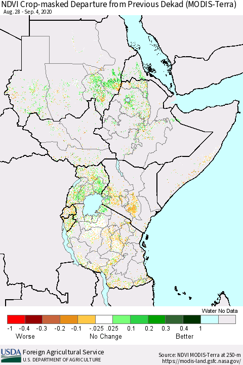 Eastern Africa Cropland NDVI Departure from Previous Dekad (Terra-MODIS) Thematic Map For 9/1/2020 - 9/10/2020