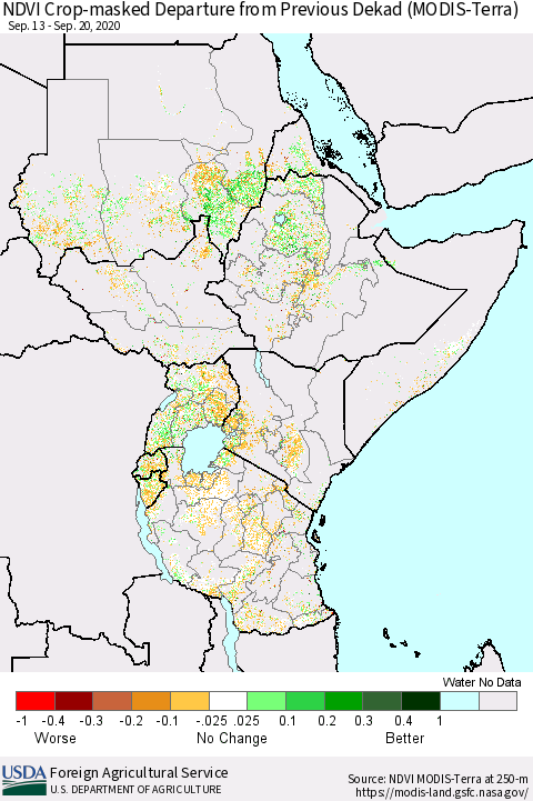 Eastern Africa Cropland NDVI Departure from Previous Dekad (Terra-MODIS) Thematic Map For 9/11/2020 - 9/20/2020