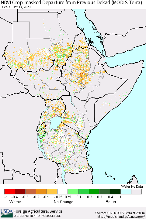 Eastern Africa Cropland NDVI Departure from Previous Dekad (Terra-MODIS) Thematic Map For 10/11/2020 - 10/20/2020