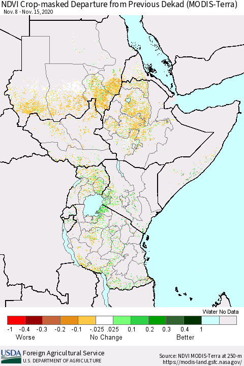 Eastern Africa Cropland NDVI Departure from Previous Dekad (Terra-MODIS) Thematic Map For 11/11/2020 - 11/20/2020