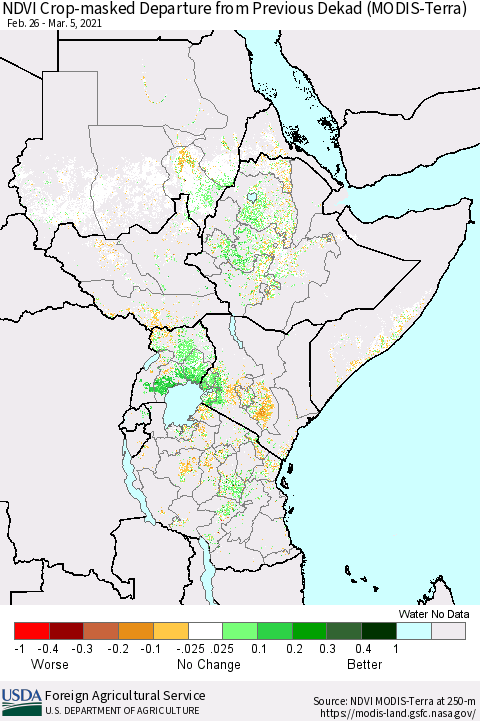 Eastern Africa NDVI Crop-masked Departure from Previous Dekad (MODIS-Terra) Thematic Map For 3/1/2021 - 3/10/2021