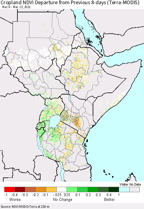 Eastern Africa Cropland NDVI Departure from Previous 8-days (Terra-MODIS) Thematic Map For 3/6/2021 - 3/13/2021