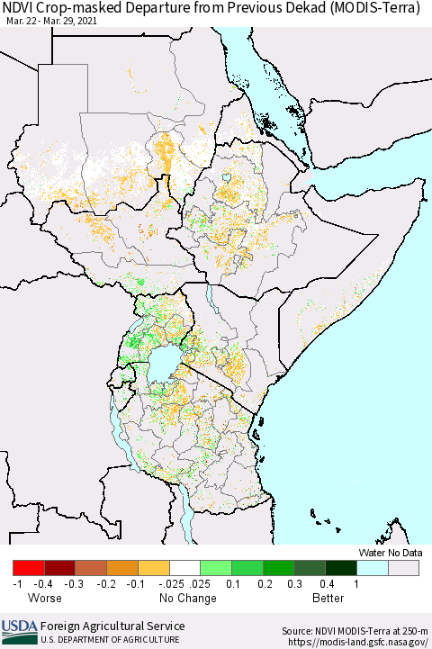 Eastern Africa Cropland NDVI Departure from Previous Dekad (Terra-MODIS) Thematic Map For 3/21/2021 - 3/31/2021