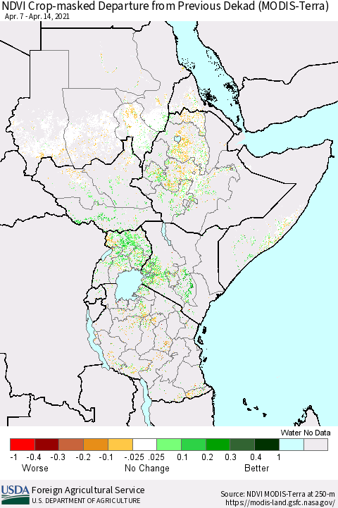 Eastern Africa Cropland NDVI Departure from Previous Dekad (Terra-MODIS) Thematic Map For 4/11/2021 - 4/20/2021