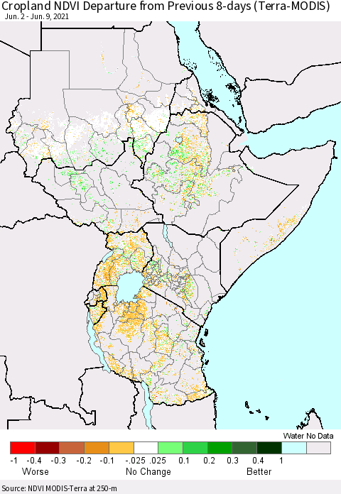 Eastern Africa Cropland NDVI Departure from Previous 8-days (Terra-MODIS) Thematic Map For 6/2/2021 - 6/9/2021