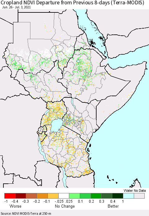 Eastern Africa Cropland NDVI Departure from Previous 8-days (Terra-MODIS) Thematic Map For 6/26/2021 - 7/3/2021
