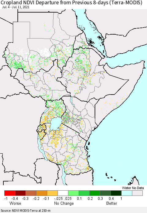 Eastern Africa Cropland NDVI Departure from Previous 8-days (Terra-MODIS) Thematic Map For 7/4/2021 - 7/11/2021