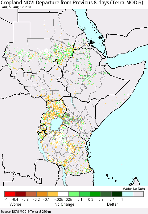Eastern Africa Cropland NDVI Departure from Previous 8-days (Terra-MODIS) Thematic Map For 8/5/2021 - 8/12/2021