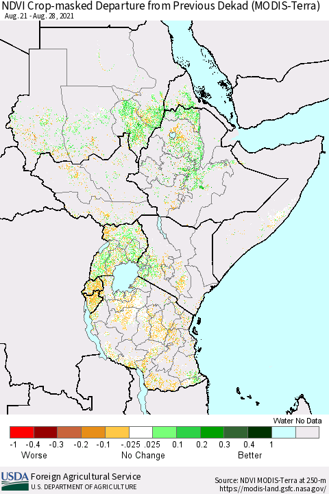 Eastern Africa Cropland NDVI Departure from Previous Dekad (Terra-MODIS) Thematic Map For 8/21/2021 - 8/31/2021