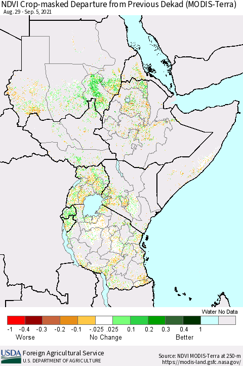 Eastern Africa Cropland NDVI Departure from Previous Dekad (Terra-MODIS) Thematic Map For 9/1/2021 - 9/10/2021
