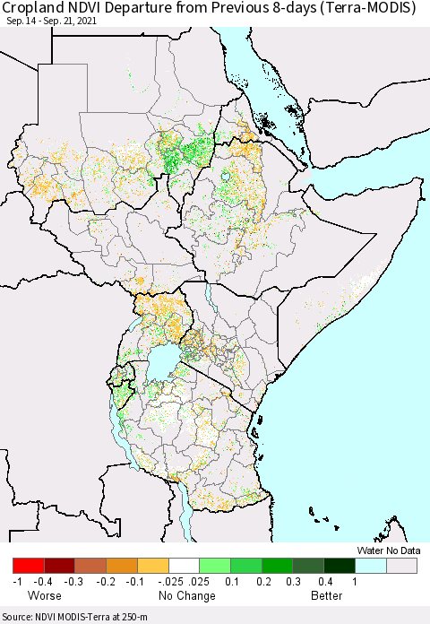 Eastern Africa Cropland NDVI Departure from Previous 8-days (Terra-MODIS) Thematic Map For 9/14/2021 - 9/21/2021